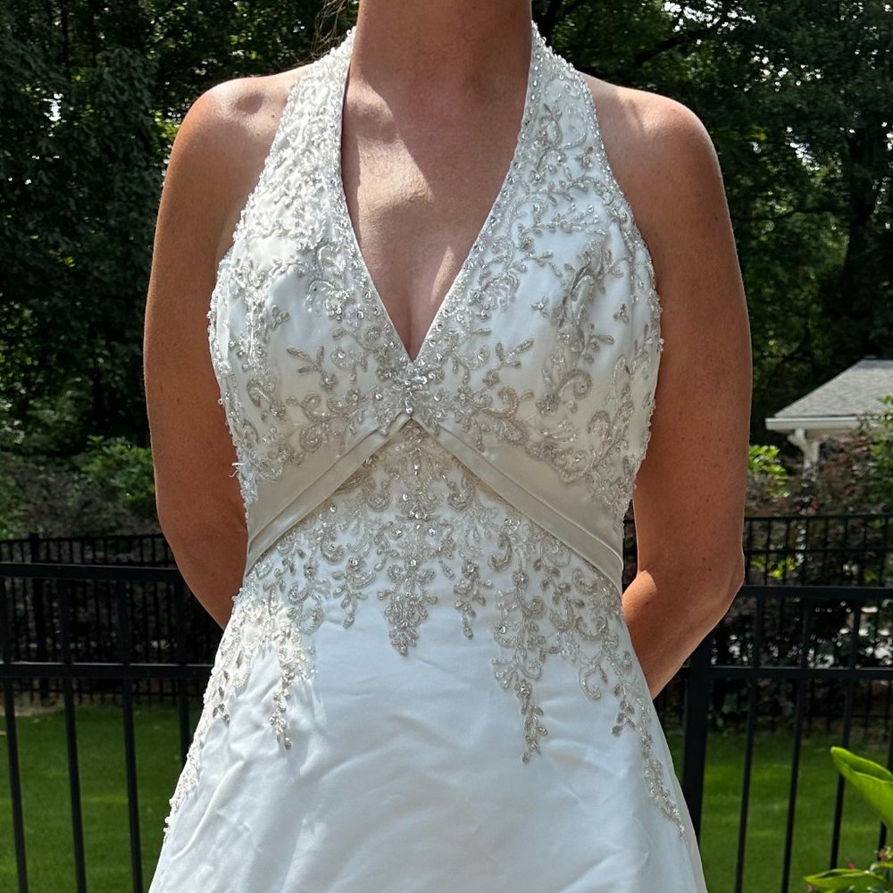 Gorgeous Mori Lee Beaded Halter Wedding Dress Light Ivory Italian Satin